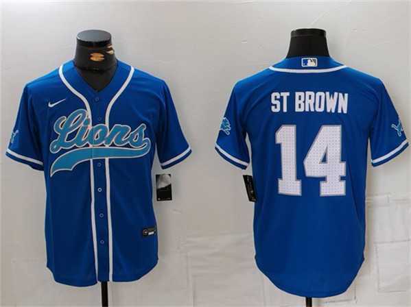 Mens Detroit Lions #14 Amon-Ra St. Brown Blue Cool Base Stitched Baseball Jersey